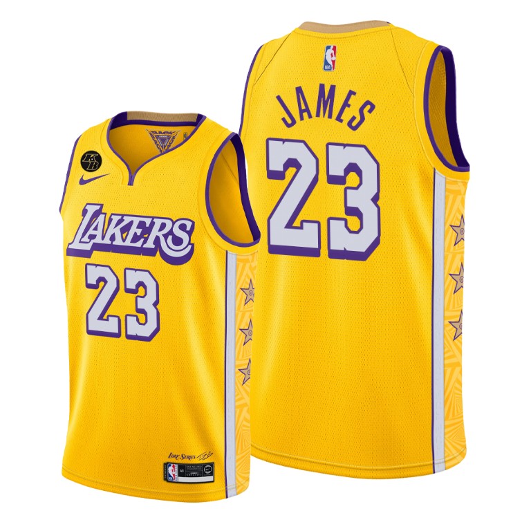 Men's Los Angeles Lakers LeBron James #23 NBA Mamba Kobe City Edition Gold Basketball Jersey SUF5783DH